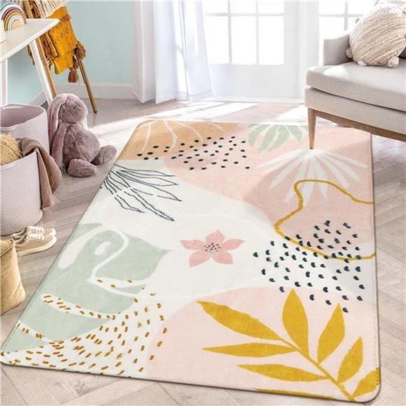 Pink Rug for Living Room - 5x7 Area Rug Washable Non-Slip Boho